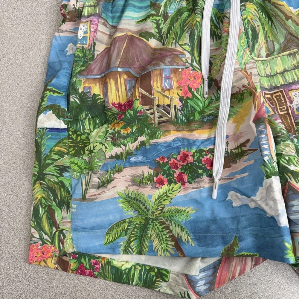 Duvin Shorts Mens Medium Blue Tropical Beach Surf Shack Print Swim Trunks